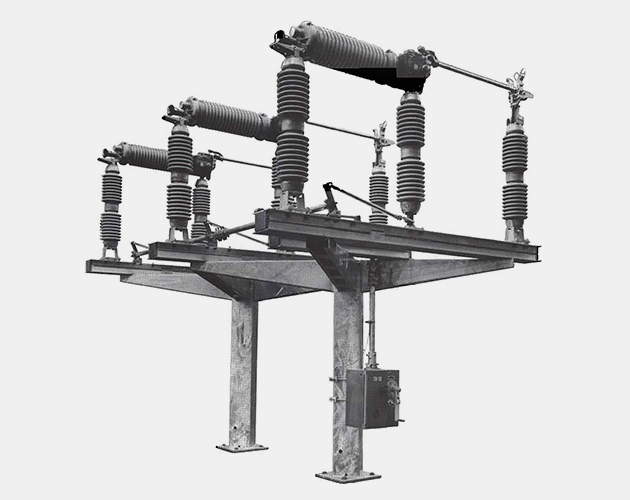 outlined black and white image of a line rupter switch for outdoor transmission, 115 kV through 230 kV linerupter switch, outdoor transmission switch, group-operated switch, transmission line tower mounting, substation structure mounting