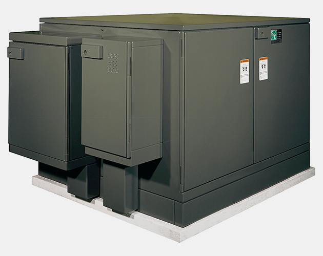 left side profile of a P M H pad mounted gear for outdoor distribution, 14.4 kV and 25 kV with roof and doors closed PMH pad-mounted gear