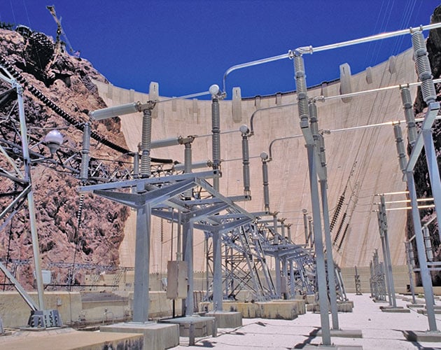 Daytime photo of a Series 2000 Circuit-Switcher in the Hoover Dam Model 2010, Corona Shields, Hoover Dam, Series 2000, Circuit Switcher, Hoover Dam, Substation